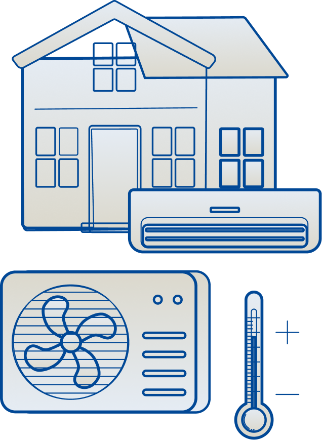 Instalador aerotermia Mallorca | ilustración azul casa, aire, termómetro